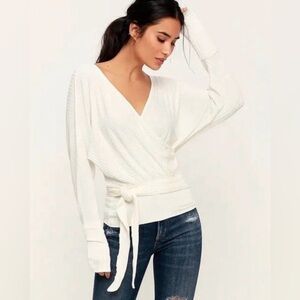 We The Free East Coast Wrap Ribbed Knit Top Deep V White Size XS
